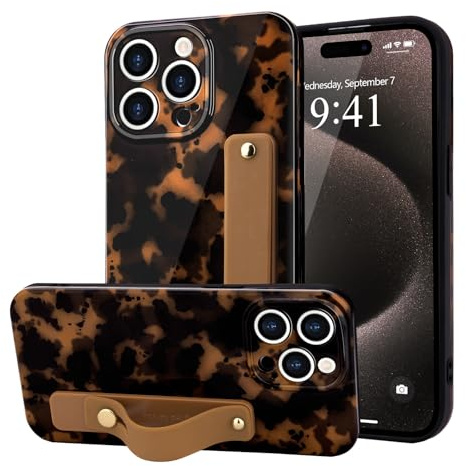LAPOPNUT for iPhone 15 Pro Case Strap Leopard Tortoise Print, Brown | Cheetah Amber Pattern Phone Cover, Adjustable Finger Wrist Stand Holer, Cute for Women Girls Men,TPU Bumper Shell, Protecion