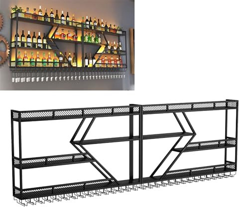 Wandmontiertes Weinregal mit Glashalter und Likörregal, Minibar zum Aufhängen von Weingläsern und Whiskyflaschen, Wand-Barschrank für Likörflaschen-Display