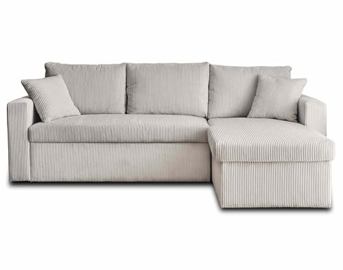 Bestmobilier Cyrus - Ecksofa beidseitig montierbar 4-Sitzer - schlaffunktion und Bettkasten - aus Cordstoff Hellgrau