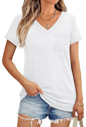 Haslike T-shirt estiva da donna con scollo a V tinta unita maglietta a maniche corte vestibilità ampia