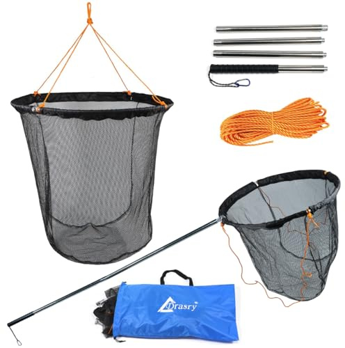 Drasry Large Collapsible Bridge Pier Fishing Net Landing Net with Rod, High Load Aluminum Ring Drop Net for Saltwater and Freshwater Rubber Coated Basket with 49.2 ft Rope 23.6 * 23.6 * 27.5 in