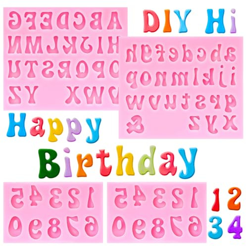 4 Pcs Letter and Number Silicone Molds, Alphabet and Numbers Chocolate Molds, 0-9 Numbers and 26 Letters Candy Mold for Party Baking Desserts, Cake Decoration