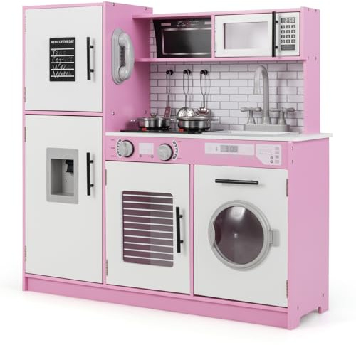 COSTWAY Kids Wooden Kitchen, Pretend Play Kitchen with Light, Sound, Oven, Washing Machine, Microwave, Water Dispenser, Telephone & Utensils, Children Chef Role Playset for Boys Girls (White+Pink)