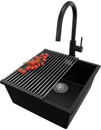 PRIMAGRAN Lavandino sottotop al Mobile 50cm + Rubinetto, 46x47cm | Set: Rubinetto BW9010 + Kit di scarico + Scolapasta avvolgibile + Lavello in Granito a 1 Vasca - London, Nero