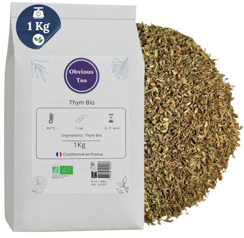 Thym Bio en Vrac - Pour Infusion, Tisane et Épice Culinaire - Thymus Vulgaris L - Agriculture Biologique - Odeur Aromatique Douce - Fabrication Française - Sachet 1 kg (500 Tasses)