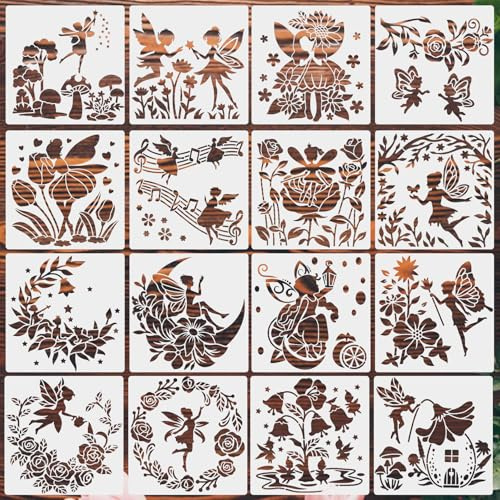 16 Pezzi Fata Stencil Set per la pittura, Fata Fiori Modello di disegno fai da te, riutilizzabili stencil artigianali in plastica per Scrapbooking Pavimento Muro Tela Tessuto Decor (15x15cm)