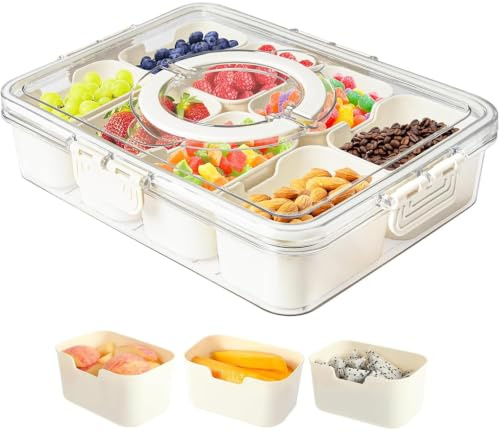 1 Pack Snackle Box, Divided Snack Tray with Lid and Handle, Tray 8 Removable Compartment Box, Reusable Snack Boxes for, Spices, Nuts, Chips and Dip, Candy, Fruits