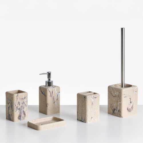 Badaccessoires Set 5-teilig Kunstharz beige Marmor Optik Bad-Zubehör Vilcanota