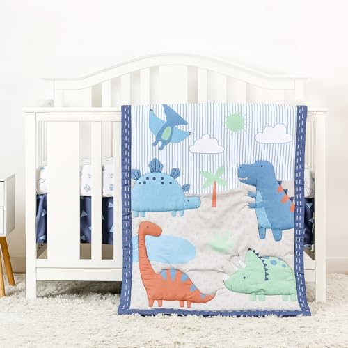 YCDTMY 3 Piece Crib Bedding Set for Boys - Baby Crib Dinosaur Bedding Set with Fitted Crib Sheet, Dust Ruffle Comforter, for Newborn, Infant & Toddler Blue