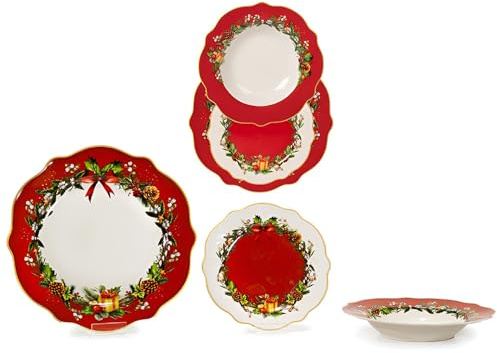 Servizio di Piatti natalizio per 6 Persone 18 pezzi in porcellana bordi smerlati decorazioni ghirlanda pigne fiocco pacco regalo rosso per una tavola particolare ed elegante bellissimi idea regalo