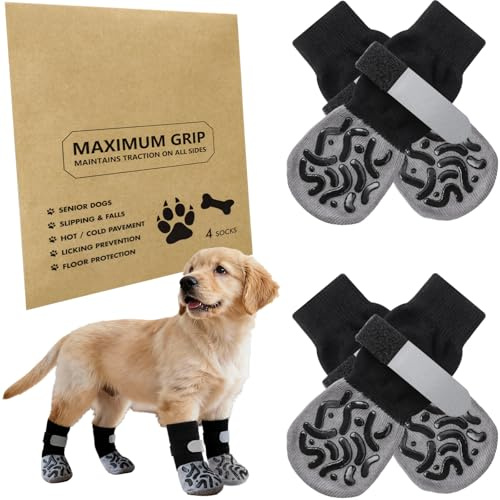 BellaGesundheit 2 Paar Hundesocken Anti-Rutsch, Pfotenschutz mit Verstellbarem Klettverschluss, Leckschutz für Innen- und Außenbereich, um Pfotenlecken zu verhindern auf Hartholzboden (M)