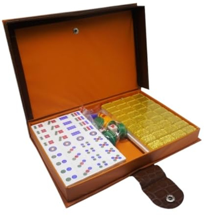 SFQEVHRZ Set da mahjong, Set di gioco Mahjong cinese classico con 144 tessere incise fatto a mano for uso domestico scatola(Gold)