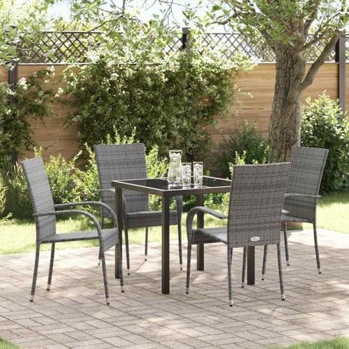 QJBSAVVA 5-teiliges Gartenmöbel-Set aus grauem Poly-Rattan mit 34 cm Breiten Stühlen und Sicherheitsglas-Tisch Robust & Modern für kleinen Balkon Garten Terrasse
