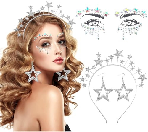 iZoeL Sterne Haarreif Silber Sterne Stirnband Strass Haarband Gesichtstattoo Karneval Fasching Halloween Geburtstag Party Kostüm Haarreifen Glitzer Haarschmuck für Damen Mädchen