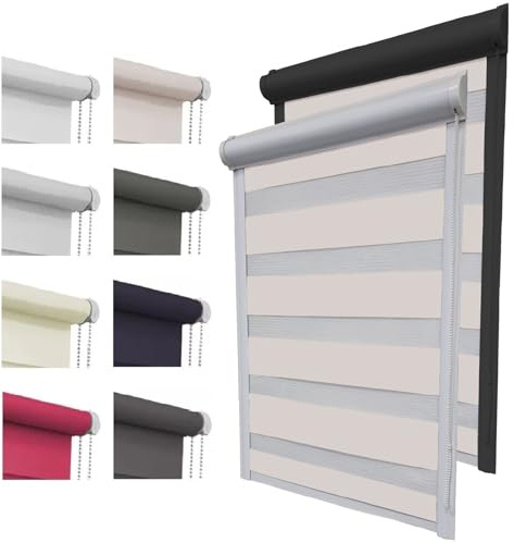 Doppelrollo ohne Bohren zum Kleben Duo Rollo für Fenster & Tür mit Kassette Blende | 8 Farben | Fensterrollo Sonnenschutzrollo Seitenzugrollo Zebrarollo Streifenrollo Blickdicht lichtdurchlässig