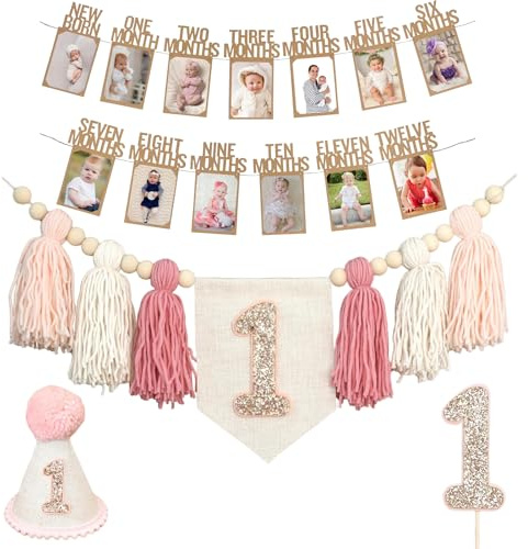 Handmade 1st Birthday High Chair Banner Birthday Decorations for Baby Boy with Garland Crown Hat Wild One Cake Topper Baby Photo Banner for Boy Wall Hangings Decorations