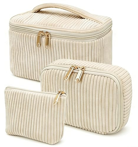 3er Set Kosmetiktaschen Kulturtasche aus Cord für Damen, Kulturbeutel Make up Tasche, Tragbare Schminktasche Makeup Bag für Reisen & Alltag Beauty Case