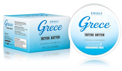 EMALLA GRECE Beurre de tatouage 200 ml Baume de soin végétalien pour la fraîcheur et les tatouages existants, réparation de la peau, protection des couleurs, non gras, sans parfum