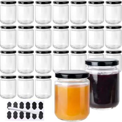 YBCPACK Lot de 24 Pots de Confiture en Verre 240ml – Bocaux Hermétiques avec 24 Étiquettes et Marqueurr – Idéal pour Confiture Maison, Miel et Conservation