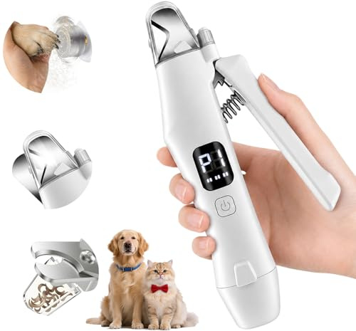 Krallenschere für Hunde mit LED-Licht, 2-in-1 Krallenschleifer & Krallenschneider für Hunde/Katzen, Leise Krallenfeile mit 3 Geschwindigkeiten, Auffangbehälter, USB-C, für Kleine bis Große Haustiere