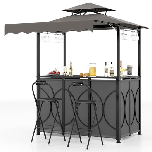 COSTWAY Grillpavillon mit Bar, 2 Barhockern, Gartenpavillon mit Doppeldach & Markise, 3-teiliges Bar-Set: 1 Tisch, 2 Barstühle, Metallregalen, Grillüberdachungen wetterfest, 193x117x240cm, Grau