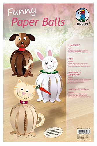 Ursus 23250099 - Funny Paper Balls Haustiere, Material für 6 Funny Paper Balls, Durchmesser ca. 7 8 cm, 30 Papierstreifen mit Zubehör, vorgelocht, inklusive Bastelanleitung, für Kinder