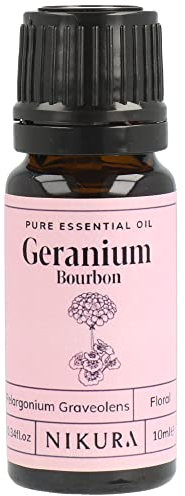 Nikura Geranium Essential Oil - 10ml | Geranium (Bourbon) Oil for Sleep, Diffusers for Home, Candle-Making, Bath, Anxiety, Skin | 100% Pure Natural Oils | Vegan & UK Made