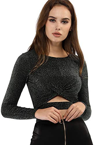 Allegra K Damen Crop Top Festival Outfit Glitzer Langarm Rundhals Crop Top Bauchfreies Shirt | Glänzend, glitzernd, Torso geschnitten, leicht dehnbar, ideal für Club, Konzert, Cosplay