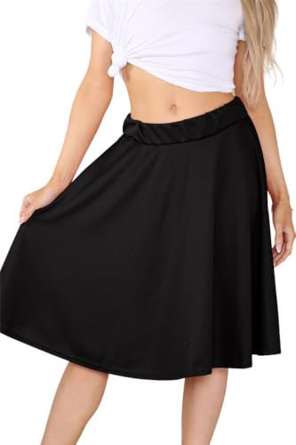 janisramone® Womens Midi Skirts, Elasticated Waist Ladies Plain Skirts, Knee Length, Flared Skater Skirt, Tartan Skirts for Women UK, Swing Jersey Skirt Black