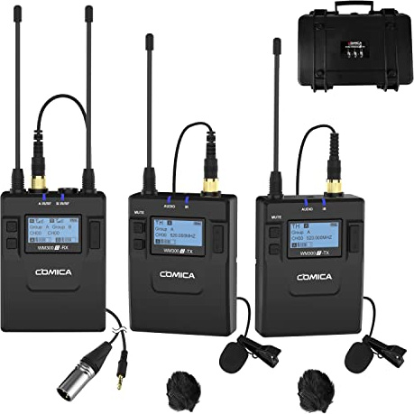 Microfono wireless Comica CVM-WM300A Sistema microfonico lavalier doppio wireless professionale UHF a 96 canali per fotocamere DSLR Canon Nikon Sony Panasonic, videocamera XLR, smartphone ecc(2TX+1RX)