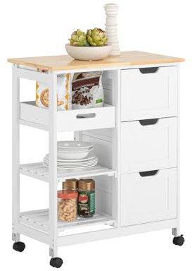 SoBuy Carro de Almacenamiento Mueble Auxiliar de Cocina Carrito de Servir con 3 Cajones y 3 Estantes Blanco 68 x 38 x 85 cm FKW79-W ES