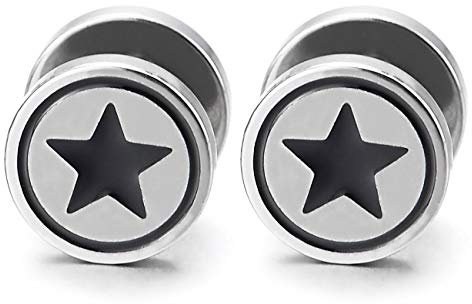 10MM Herren Damen Ohrringe Kreis Stern Ohrstecker mit Schwarz Emaille, Fake Plugs Ohr Cheater Gauges Edelstahl