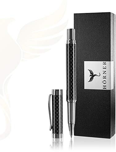 HÖRNER ONE - Hochwertiger Tintenroller Carbon schwarz silber | Schreibfarbe Blau 0,7 mm | Aus Metall | edles Schreibset mit Geschenkbox I Stift für Männer und Frauen | Premium Design