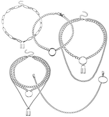 Eigso Geschichtetes Kettenschloss Anhänger Halskette Choker Punk Hummerverschluss Damen und Frauen