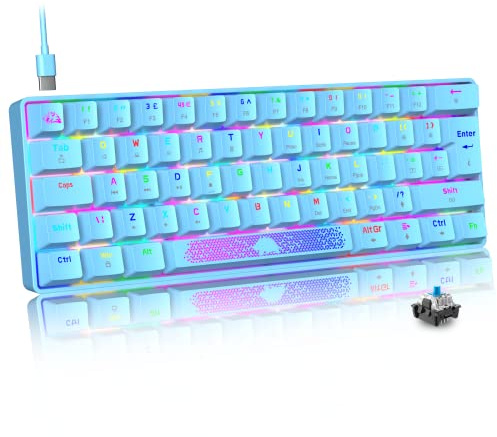 MAGIC-REFINER UK Layout 60% Mechanische Gaming-Tastatur, Blauer Schalter, Mini-62 Tasten, USB C, RGB Hintergrundbeleuchtungseffekte Rainbow LED-Licht, Kompatibel Mit Computer Rechner Win/Mac - Blau