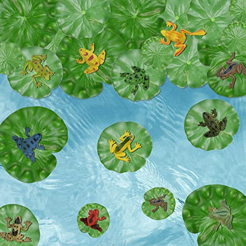 RMENOOR Set di Rane di Plastica Include 24 Pz Rana di Plastica Colorata e 12 Pz Foglie di Ninfea Artificiali Mini Giocattoli Rana e Foglie Galleggianti per Decorare Laghetti e Vasche per Pesci
