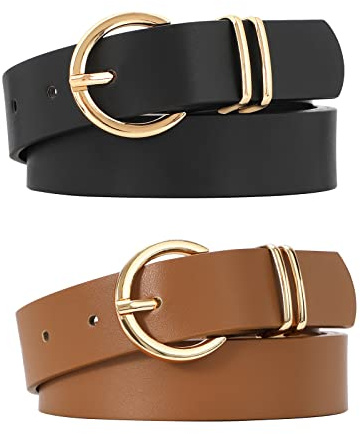 JASGOOD Women’s Leather Belts for Jeans Dresses Fashion Gold Buckle Ladies Waist Belt,2 Pack