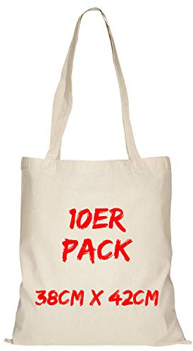 TEXXILLA Baumwolltasche - 10er Pack | Natur | mit Zwei Langen Henkeln | 38x42cm | Jutebeutel | Einkaufstasche | unbedruckt