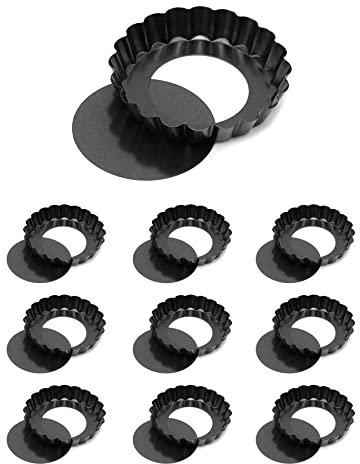 QWORK® 10 Pezzi Teglia Crostata con Fondo Amovibile - Ø10cm - Stampi Crostatine in Acciaio al Carbonio Alimentare con Rivestimento Antiaderente