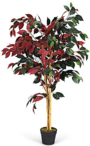 COSTWAY Plantas Artificiales Decorativas, Ficus Artificial con Troncos Naturales, Flores Artificiales Decoración con 504 Hojas Rojas y Verdes para Oficina Hogar Decoración Interior, 120 cm