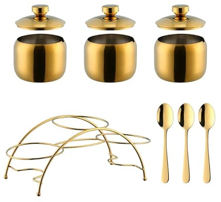 Buyer Star 18/8 Stainless Steel Seasoning Box with Cover, Condiment Jar Set Spice Jar Spice Rack Condiment Cruet Containers with 3 Spoons Salt & Holder Pepper Sugar Storage Organizers- Gold
