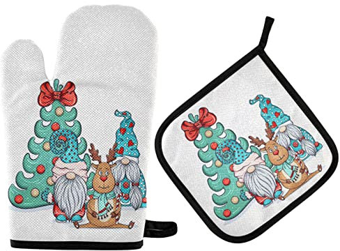 Ofenhandschuh-Set, weihnachtliche skandinavische Zwerge, Topflappen, niedlicher Weihnachtsbaum, Hirsch, Küche, Ofenhandschuh, Backhandschuhe, 2 Stück, Kochherdhandschuhe, Topflappen, Wärmekissen zum G