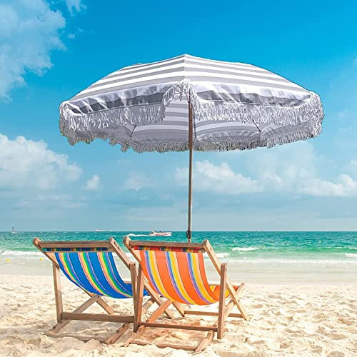 2M grau+weiß gestreifter Sonnenschirm Hawaii Strandschirm Outdoor Gartenschirm Sonnenschutz wasserdichte Baumwollquaste + Polyester-Gartenbalkon-Heimdekoration