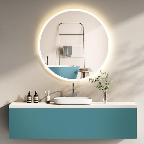 HOKO Design Badrumsspegel, rund, 60 cm, Malaga med metallram, vit. Rund badrumsspegel LED upplyst touchströmbrytare LED ljus växlande varmvit-kallvit-neutral