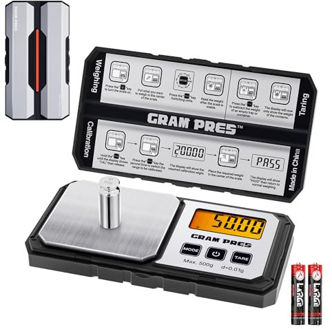 GRAM PRES Digitale Taschen-Gramm-Waage 500g x 0,01g Genauigkeit, kleine hochpräzise tragbare Waage mit Digitalgewicht in Gramm und Oz für Schmuck, Diamanten, Pfeile, Pulver und Medizin, mit 50g Cal-Ge