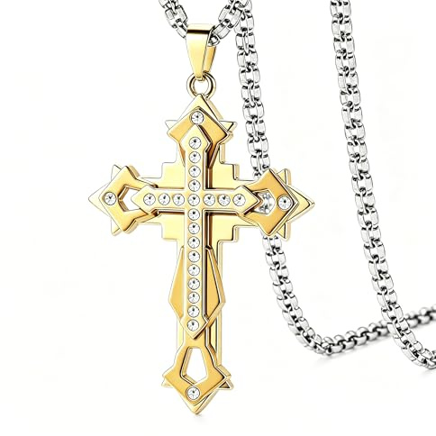 Zinvefa Kreuz Anhänger Halskette Herren,Kreuz Kette Zirkonia Edelstahl Kette Herren Länge der Kette-60CM,Gold/Schwarz/Blau
