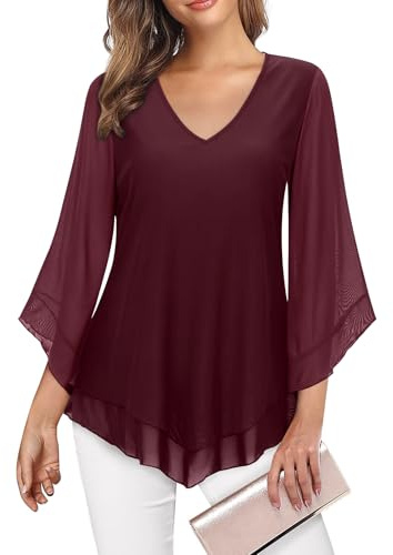 Gemulate Plus Size Clothing for Women Ladies Tops Womens Blouses Ruffle 3/4 Sleeve Tops for Women UK Double-Layered Tunic Tops Loose Flowy Shirts Ladies Evening Top - Dark Red, XXL