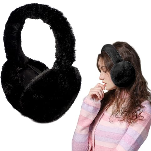 Risipu Women Winter Ear Muffs Foldable Faux Fur Soft Warm Winter Outdoors Ear Muffs for Lady Girls (Black)