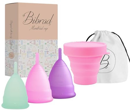 Bibrad Menstruationstasse - 3 Menstruationstassen der Größen S, M und L, Sterilisator und Baumwolltragetasche - 100% weiches medizinisches Silikon, waschbar und wiederverwendbar (S-M-L CUP)