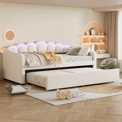 Dolamaní Tagesbett Ausziehbar 90x200 cm, Modern jugendbett Schlafsofa Polsterbett, Ausziehbett Ohne Matratze, Bett mit Lattenrost und Polster Rückenlehnen (Beige)
